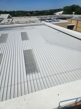 Click Here To Enlarge This Photo Of Roof Refurbishment - Brett Martin Mansafe Non Fragile GRP, Giromax Roof Coat & Euroclad Reverse Profile Cladding